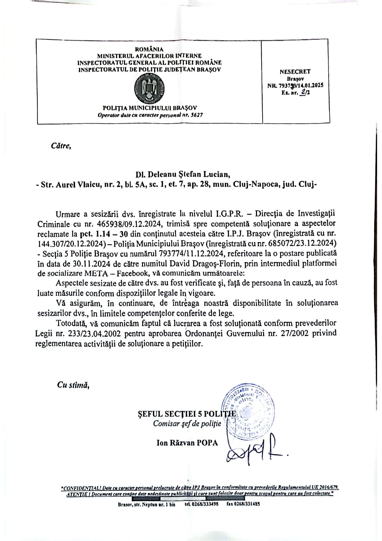 The IPJ Brașov sanctions David Dragos-Florin for electoral propaganda.