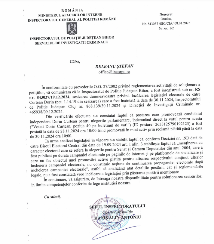 Document oficial cu antetul Ministerului Afacerilor Interne și Inspectoratului General al Poliției Române, marcat ca 'Nesecret', datat 08.01.2025, adresat către Deleanu Ștefan. Documentul conține text în limba română și este semnat și ștampilat de șeful inspectoratului, Hanis Alin-Antoniu