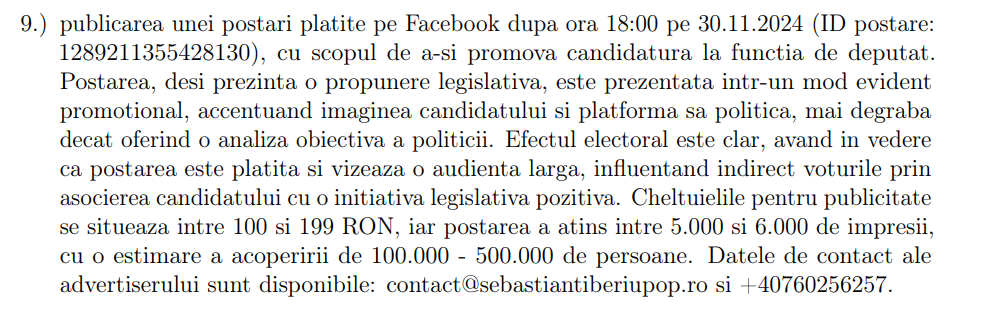 The electoral propaganda forms for Mr. Sebastian Tiberiu Pop, who disguised an advertisement to promote his party, PNCR, by citing it favorably in the period leading up to the vote, after electoral propaganda had been prohibited.