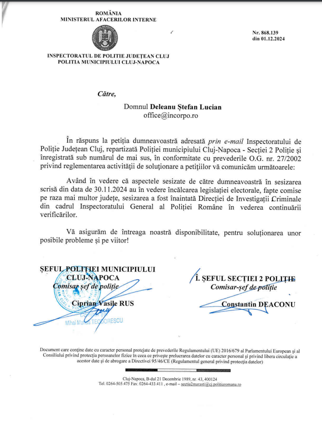 Document oficial de la Ministerul Afacerilor Interne, Inspectoratul de Poliție Județean Cluj, adresat domnului Deleanu Stefan Lucian, care confirmă primirea unei sesizări privind încălcarea legislației electorale și redirecționarea acesteia către Direcția de Investigații Criminale