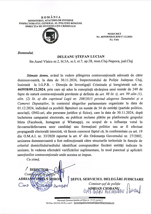 Document nesecret de la Direcția de Investigații Criminale din cadrul Inspectoratului General al Poliției Române, care confirmă primirea unei plângeri contravenționale referitoare la 249 de cazuri de publicitate electorală ilegală pe platformele sociale în perioada alegerilor parlamentare din decembrie 2024