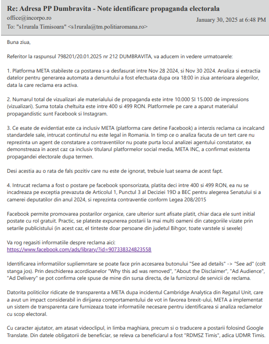 Our response regarding the submitted petition, aimed at facilitating the identification of illegal electoral propaganda carried out by RDMSZ Timis (UDMR Timis).