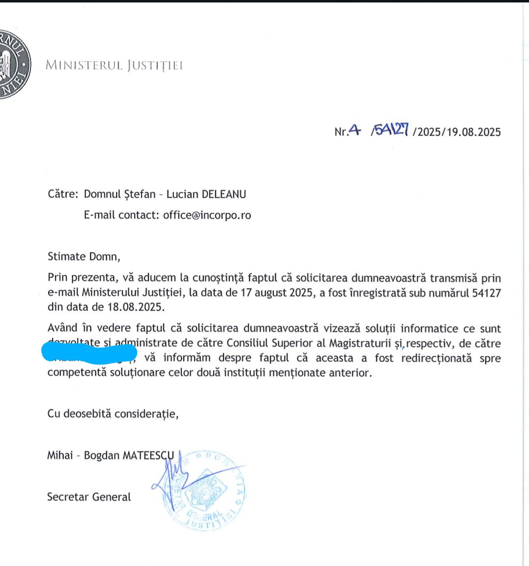 Ministerul Justitiei isi declina responsabilitatea in favoarea operatorului aplicatiei, Consiliul Superior al Magistraturii. Totusi, ei sunt operatorul aplicatiei portal.just.ro, si ea vulnerabila intr-un mod pe care nu il vom mentiona, dar mentionat catre acestia.