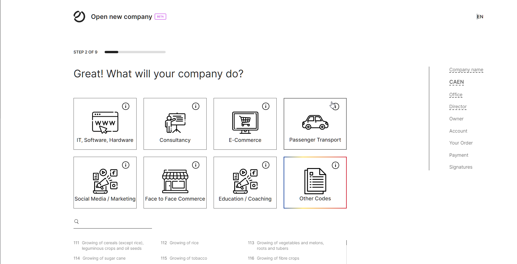 Step 2: Choosing your business activity